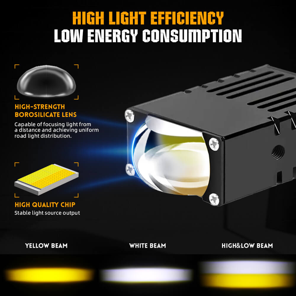 Proyector de luces LED superdelgado de 2,5 pulgadas con doble haz, color amarillo y blanco