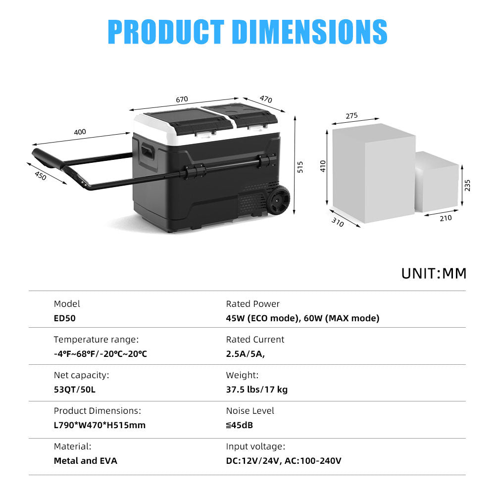 50L Dual Zone Portable Refrigerator With Battery 12V For Car