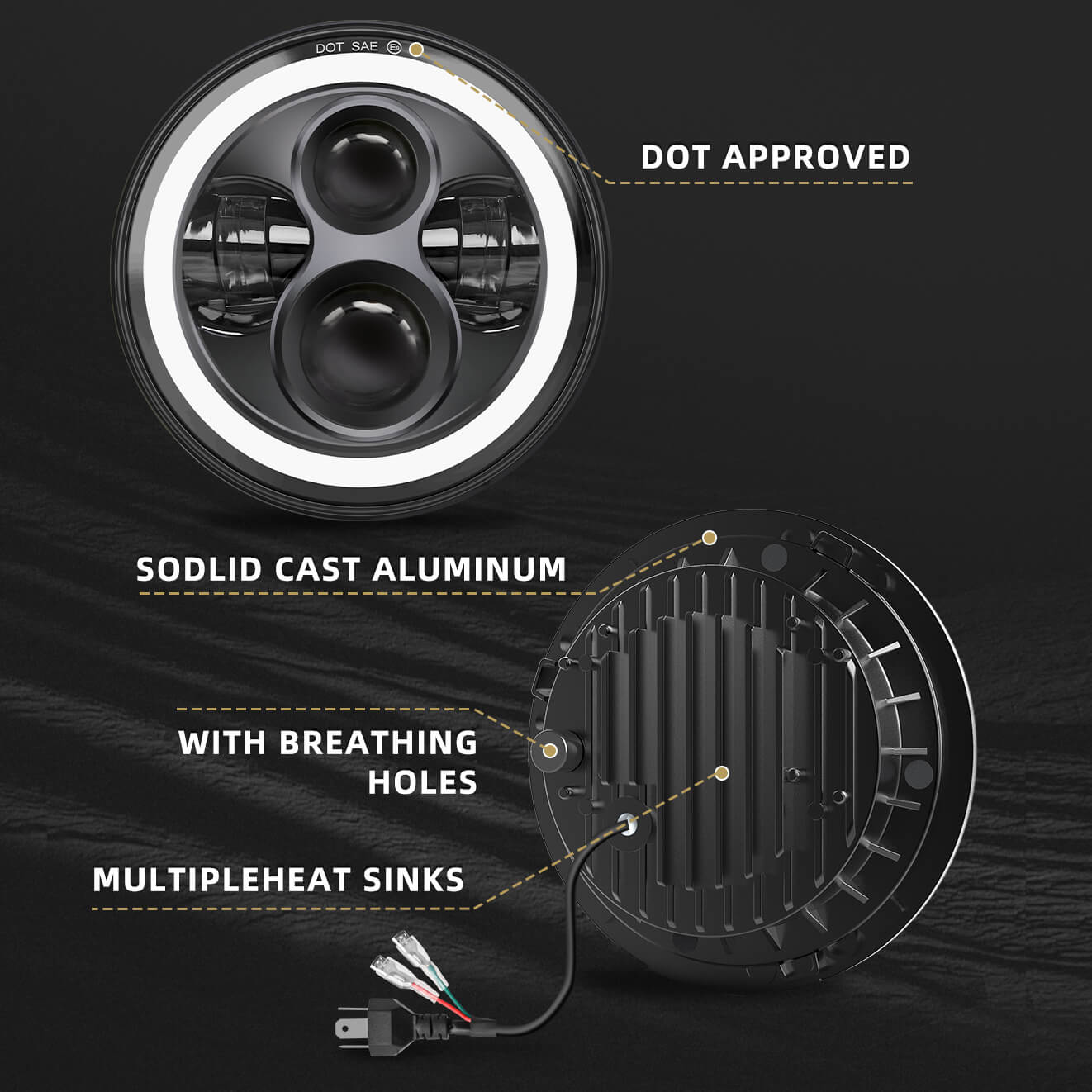 CO LIGHT 7 Zoll DOT SAE E9 gekennzeichneter schwarz versiegelter Scheinwerfer